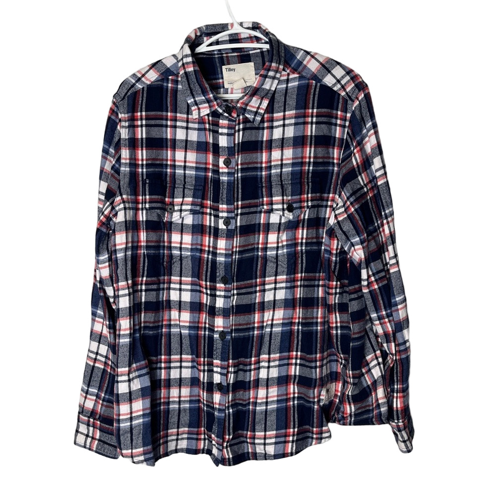 Tilley Womens Flannel Shirt XL Navy Pink Plaid Cotton Button Down Outdoor Cabin